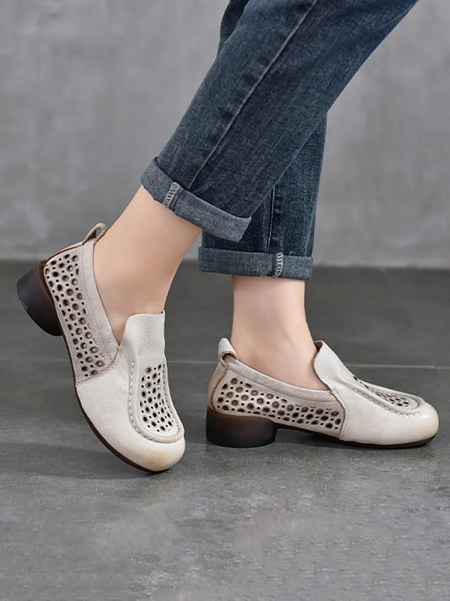 Women Summer Solid Casual Cutout Leather Low Heel Shoes KL1023