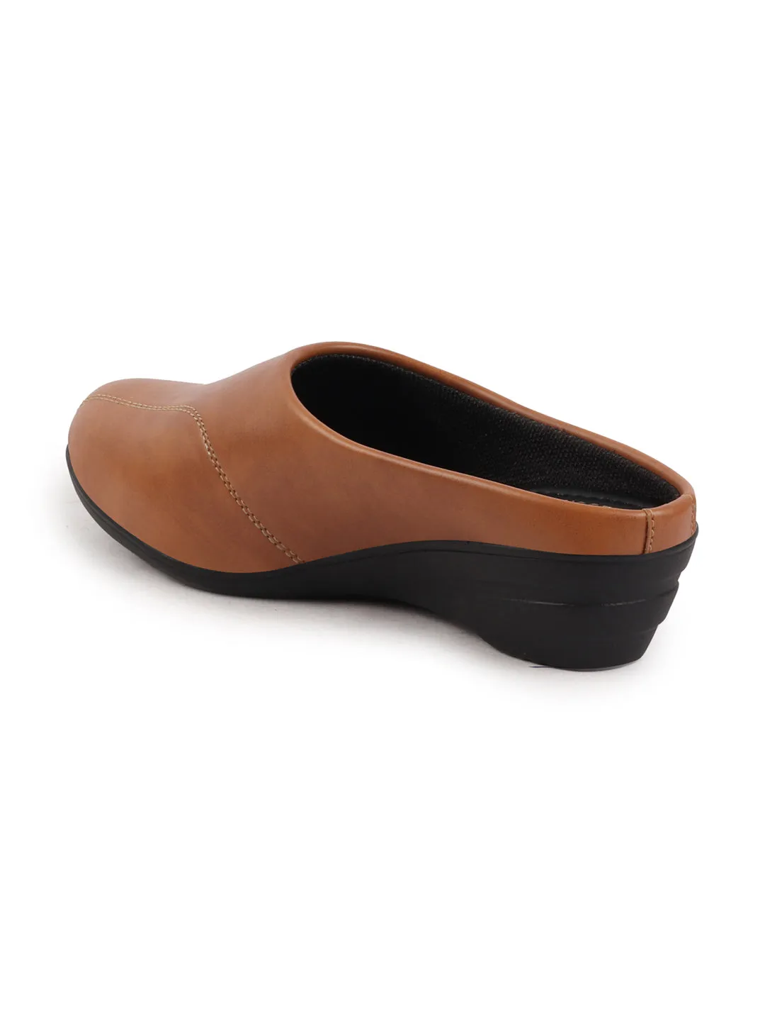 Women Tan Formal Back Open Platform Wedge Heel Slip On Mule Shoes