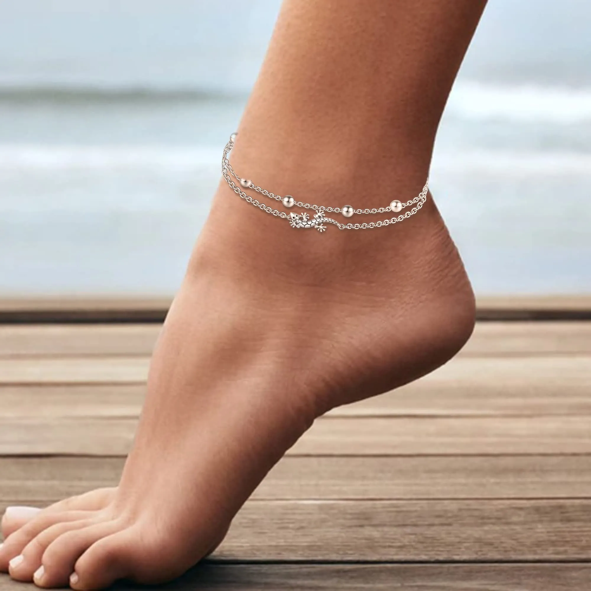 Womens Anklet 925 Sterling Silver  Layered Anklet Bracelet Dainty Beaded Chain Anklet Adjustable 11 Anklet for Women