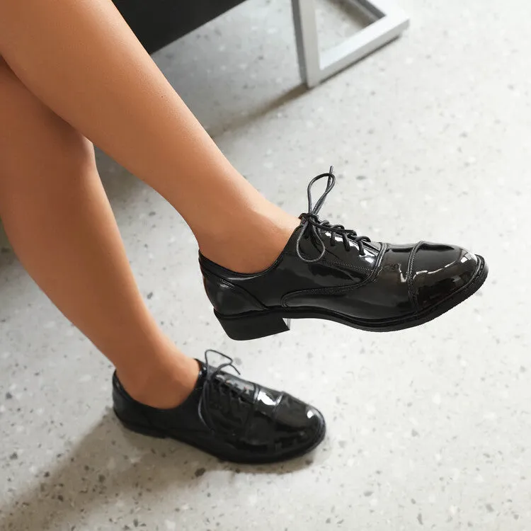 Women's Glossy Round Toe Lace-Up Flat Oxford Shoes