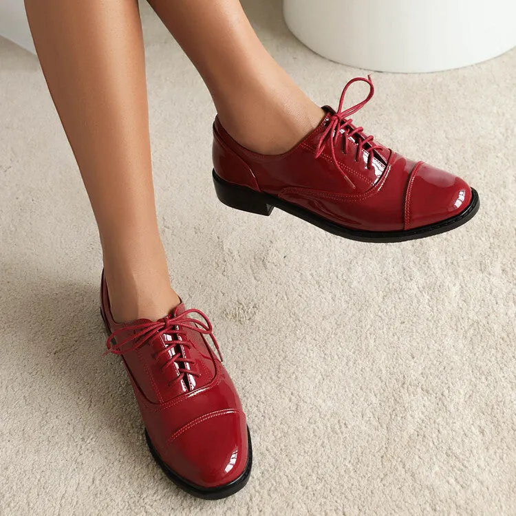 Women's Glossy Round Toe Lace-Up Flat Oxford Shoes