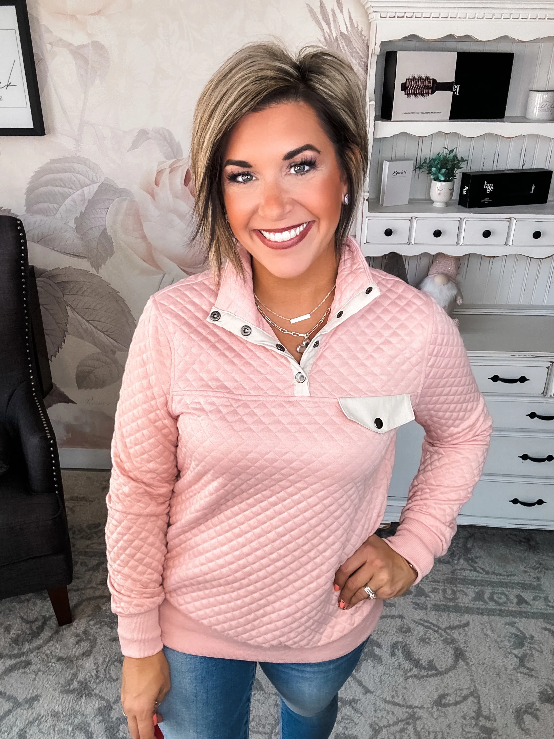 You're My Destiny Quilted Pullover - Blush